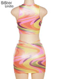 Colorful Print Elegant Two Piece Sets Women Summer Sleeveless Trend Tank Tops+Hollow Skirts Female Vacation