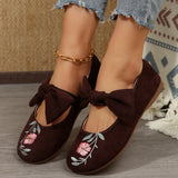 Embroidered Bow Flat Bottom Mary Jane Single Shoes Women's National Style Set Lightweight Work