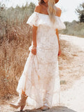 Dress Women White Slash Neck Dress Summer Butterfly Sleeve Lace Stitching Long Sundress Boho Hollow Out Vestido