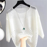 and Summer New Ice Silk Knitted Vest Tops White Shirt Hollow Out Bottoming Streetwear Fashion Womens Thin Clothing