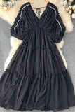 Women Pleated Chiffon Dress Sexy V-Neck Puff Sleeve High Waist Draped Vestidos Female Vacation Beach Midi Robe