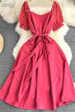 Vintage Women Lace Patchwork Midi Dress Elegant Square Collar Short Puff Sleeve Big Swing Casual Vestidos Female 2023