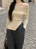 Split Off Shoulder Ribbed Knit Top-Outfit