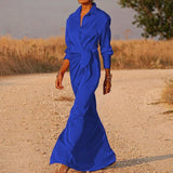 Ladies High Waist Split Mopping Dress Long Sleeve Lapel Dress Women Vintage Skirt Sexy Party Dress Elegant High