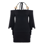Shoulder Design Beads With Hanging Neck Horn Sleeve Tops The Folding Tight Waist Thin Knitting Temperament