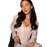 Women's Sexy Perspective Lace Tie With Long Sleeves Deep V Fish Bone T-Shirt Female
