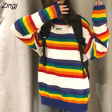 Women Winter Loose Crewneck Rainbow Striped Sweater Ulzzang Chic Hot Selling Knitwear Jumper New Sweet Girl Trendy