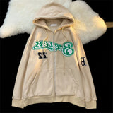 Logo Embroidery Zip Up Oversized Hoodie-Outfit