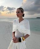 Spring And Summer New Hot Shawl Folding V-Neck Design High-Waisted Long Dress
