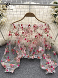 Mesh Embroidery Sheer Blouse Fashion Slash Neck Loose Puff Sleeve Tops Short Smock Streetwear Lace Y2K Summer Blouses 211-0-Outfit