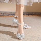 Women 2025 Summer New Pointed Bow Bow Drill High-End Silver Wedding Shoes Fine Heel Single