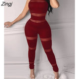 Women Fashion Elegant Casual Sheer Mesh Thick Strap Sleeveless Skinny Jumpsuit Solid Sexy Round Neck