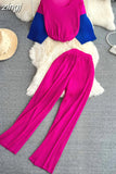 Vintage Women Draped Two Piece Set Blue/Red/Yellow Patchwork O-Neck Short Tops + High Waist Pleated Pant Suits Female