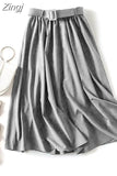 Elegant Women Skirt 2023 Spring And Summer Solid High Waist Belt A-Line Vintage Office Party Long Skirt Faldas Jupe