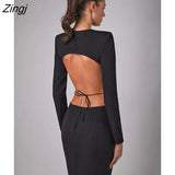 Sexy Backless Maxi Dress Women Black Hollow Out High Slit Evening Dress Female Autumn Skinny Elegant Party Clubwear