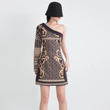 Zingj Spring Wear New Printing Heavy Industry Nail Bead Single Shoulder A Line Skirt Retro Style Small Long-Sleeved