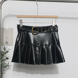 Real Shooting Merard High-Rise Thin Pu Skin 100 Folded Dress Small Babes A Short Skirt With Belt