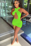 Sexy Ruched Night Party Dress 2023 Club Outfits for Women Cut Out Cross Halter Backless Summer Cute Mini Bodycon