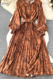 Vintage Women Printed Pleated Long Dress Elegant Round Neck Lantern Sleeve High Waist A-Line Maxi Vestidos Female