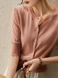 Knitted Jersey Women's Early Spring Round Collar Collar In The Middle Sleeve Ice Silk Thin Model Hit The Bottom Of The Coat Female