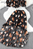 Bohemian Floral Printed Sets Women Sexy Slash Neck Short Tops + High Waist Ruffle Irregular Skirt Suit Female New