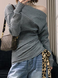 Striped Side-Slanted Shoulder-Slanted Shoulder-Clothed Woman With Thin Waists And Gentle Gentle And Comfortable T-Shirts For Spring And Autumn New Long