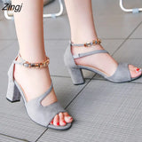 summer sexy fish mouth hollow Roman sandals thick with word with beaded high heels female summer Sexy female