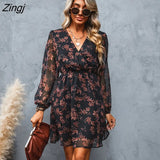 PETAL Black Floral Chiffon A-Line Mini Dress Woman Sexy V-neck Long Sleeve Party Dress 2023 Spring Autumn Female