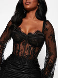 Sexy Lace Lace Fish Bone Lantern Sleeve Top Dress Female Waist Shaping Fashion Light Perspective To Enhance The