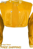 Women's Autumn Winter Short Baseball Coat Long Sleeve Button Contrast Color PU Leather Jacket Coats Y2K