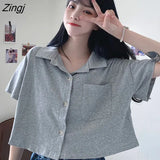 Women Crop Top Pocket Solid Summer New Designed Korean Style Loose Slim Breathable All-match Trendy Students Preppy