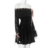 Black Off-Shoulder Lace Sleeve Mini Dress- Outfit