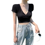 Zingj T-Shirt Female 2024 Summer New Deep V Collar Outside Wear Low Chest Korean Version Slim Crop Short Style Student Top