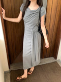 Xixi 2025 Spring New Korean Version High Waist Belt Design Sense Short-Sleeved Knitted Long Dress Women