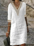 And Summer New Solid Color V-Neck Sleeve Cotton Temperament Elegant Dress