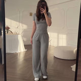 Summer New Women's Round Neck Solid Color Wide Leg Pants Commuting Leisure Suit