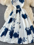 Blue Floral Midi Dress For Women Elegant Square Collar Spaghetti Strap Robe Female High Waist Big Swing Vestidos