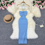Zingj Sunshine Wind Sweet Slim Show Thin Tight Knit Dress Socialite Temperament Hanging Neck Off The Shoulder Slit