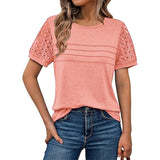 Summer New Women's Casual Loose Round-Neck Lady T-Shirt Solid Color Lace