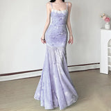 Chinese Chinese Light Green Shoulder Butterfly Print Fishtail Sling Skirt Sexy Hip Through Mesh