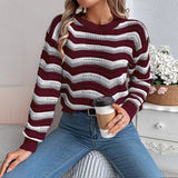 Autumn And Winter Casual Hollow Striped Lantern Long-Sleeved Jacket Sweater Women's