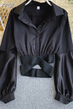 Women Black/White Hollow Out Blouse Autumn 2023 Casual Long Sleeve Turn-Down Collar Shirt Elegant Single Breasted Short Tops