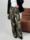 Wind Set Straight Trousers 2025 New Mid-Rise Wide Leg Hole Design Leopard-Print Jeans Women Autumn And