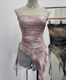 Real Shooting 2024 Summer New Dyed Printing Mesh Yarn Chest Sleeveless Top Irregular Ribbon Vest