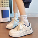 College Wind Board Shoes Women's New Leather-Faced High-Heeled Casual Shoes Cute Cat Round-Headed Small White Shoes In