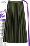 Women Elegant Long Pleated Skirts Spring Autumn Classic High Waist Solid Vintage Saias Midi