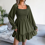 Spring And Summer Collar Horn Long-Sleeved Lotus Leaf Side Dress Burst Women's