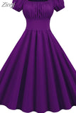 Women Dress Sexy Puff Sleeve Casual Vintage Pin Up Party Dress Solid Elegant Midi