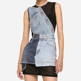 Trendy Women's Sleeveless Jeans Women's New Mesh Splicing Short Women's Dress Women's Clothing Tide In The Autumn And Winter Of