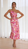 Zingj Summer New Stylish Temperament Diagonal Collar Sling Fishtail Print Dress